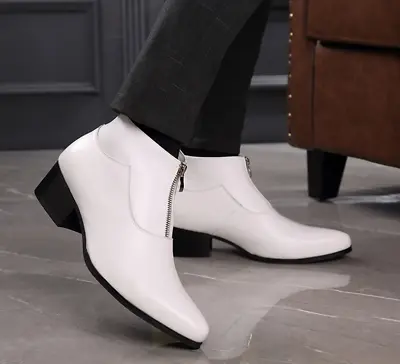 Men's Leather Ankle Boots Pointed Toe Cuban Mid Heel Dress Formal Shoes Zipper • $129.90