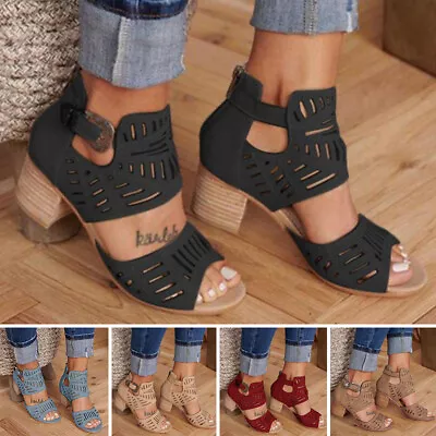 Ladies Womens Summer Low Block Heel Gladiator Sandals Ankle Strap Open Toe Shoes • £18.34