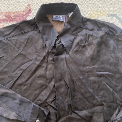 $125 • Buy Vintage 90s Versace V2 Classic Medium 15.5 39 Dark Brown Cupro Shirt Drape Italy