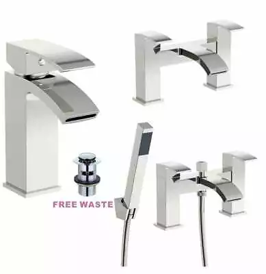 Waterfall Designer Bathroom Taps Basin Bath Mixer Filler Shower Tap Set Chrome • £26.99