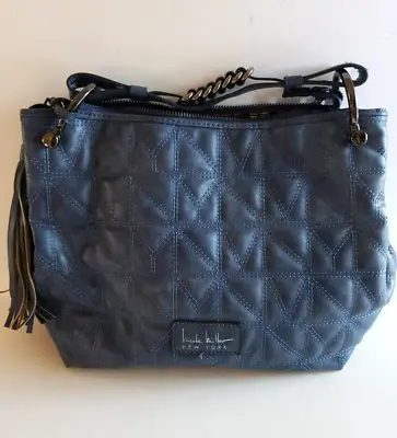 Nicole Miller Handbag Satchel Quilted Brushed Suede Blue Animal Print Interior • $16.50