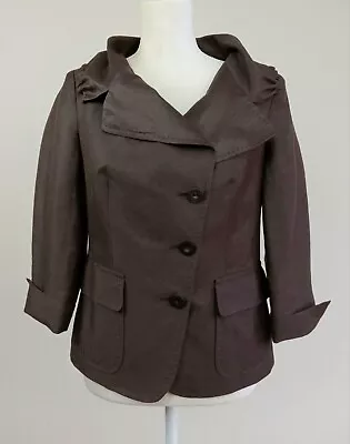 Size 8 Max Mara Brown Linen & Silk Blend Asymmetrical Ruched Collar Jacket Italy • $40