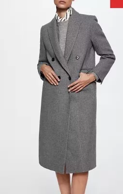 NWT Mango MNG Houndstooth Wool Blend Coat XS Lapel Collar Double Button $199 • $120