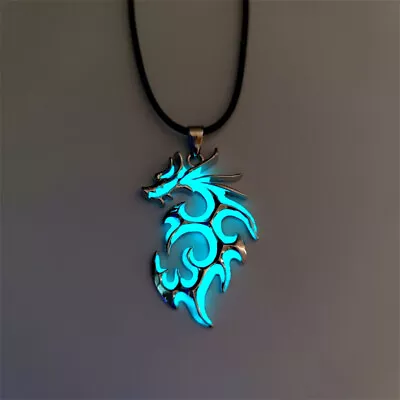 Retro Silver Plating Sky Blue Luminous Dragon Pendant Necklace For Men Jewelry • $0.32