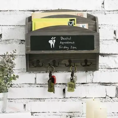 Vintage Gray Wood Entryway Mail Holder And Key Rack With Chalkboard Panel • $32.99