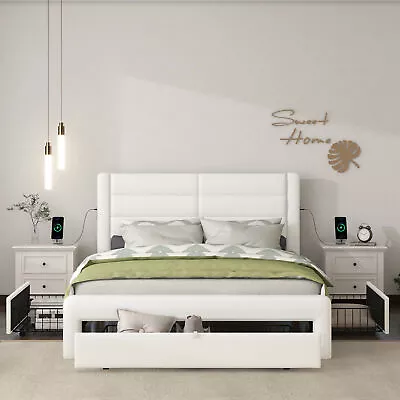 Queen Size Bed Frame With Drawers Leather Platform With Charging Station • $399.41