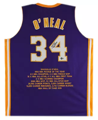 $495 • Buy Shaquille O'Neal LA Lakers Signed Career Stats Purple Jersey Beckett BAS