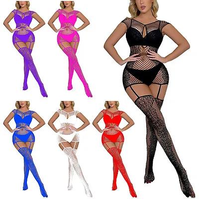 US Women Body Stocking Bodysuit Fishnet Babydoll Lingerie Nightwear Thigh-High • $3.71