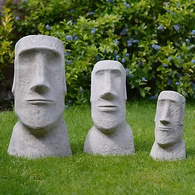 Easter Island Heads Set Moai Hand Cast Stone Outdoor Garden Ornament Sculpture • £84.90