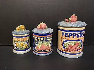 Rare Vtg 3 Ceramic Vegetable Canister Set 1996 By Jay : Corn Peppers Tomatoes • $24.99