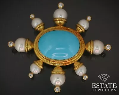18k Yellow Gold Elizabeth Locke Turquoise Diamond Pearl Fur Brooch 33g I14888 • $6999