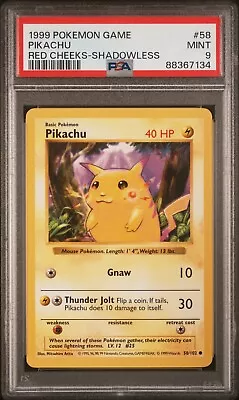 1999 Pokemon Card Game Base Set Shadowless Red Cheeks PIKACHU #58/102 PSA 9 • $105