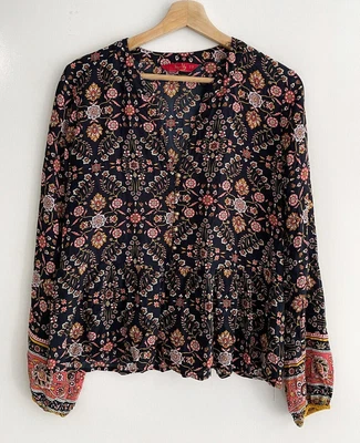 $24.99 • Buy TIGERLILY Long Sleeve Navy Gold Button Floral Top Blouse Size 10