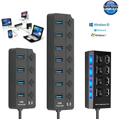 7 Port Powered USB 3.0 Hub On/Off Switches Splitter AC Adapter Cable PC LapQuolW • $3.79