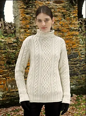 ARAN MOR Ireland Womens 100% Merino Wool Cable Mock Neck Pullover Sweater S • $80