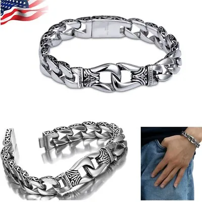 Mens Heavy Sturdy Stainless Steel Motorcycle Biker Chain Bracelet Wristband Gift • $8.18