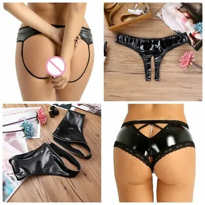 Women Latex Underwear Brief Wetlook Leather Crotchless Jockstrap Sexy Panties  • £4.99