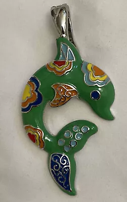 RMN Dolphin Pendant Green Enameled Multicolor Magnetic Clasp • $13.49