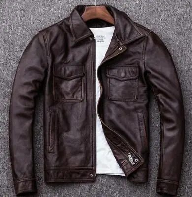 Men's Punk Motorcycle Real Leather Jacket Lapel Pocket Slim Fit Retro Zipper Sz • $214.31
