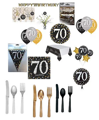 Age 70th Birthday Party Decorations Bunting Black Gold Balloons Banner Tableware • £3.50