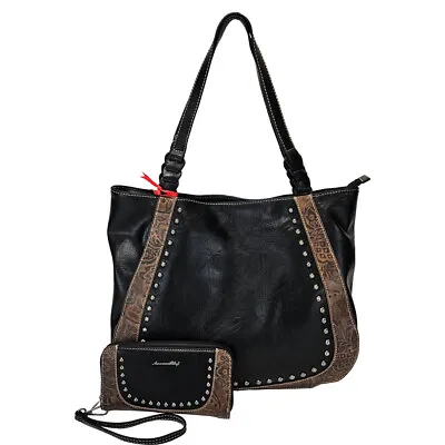 Montana West American Bling Concealed Carry Saddle Purse Matching Wallet Black • $66.99