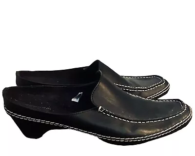 Black Ladies Mule Low Heel Vegan Leather White Stitching Size 8 Merona Brand • $12.99