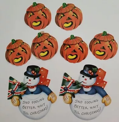 $18 • Buy 8 Vtg HALLOWEEN & CHRISTMAS Gummed SEALS Snowman & JOL PUMPKINS Old Unused