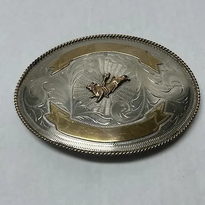 Vintage Western Alpaca Bull Riding 2 Banner Silver Tone Trophy Belt Buckle • $59.99