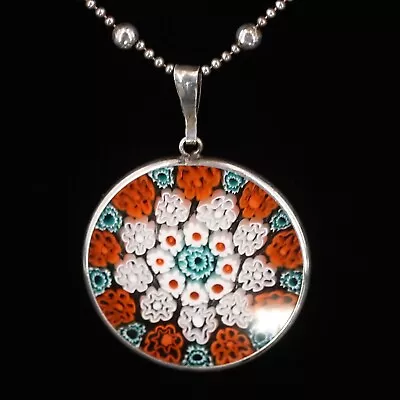 Sterling Silver - Millefiori Glass Flower Pendant 17  Necklace - 7.5g • $6.50