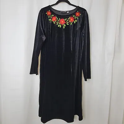 Quacker Factory Dress Large Black Velvet Christmas Poinsettia Holiday Party • $25