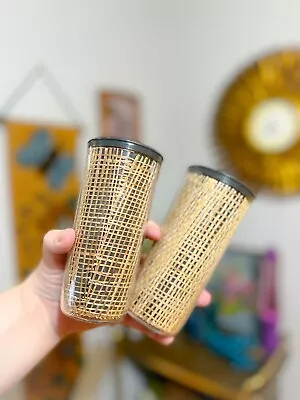 2 MCM Black 12 Ounce Rattan Raffia Ware Burlap Insulated Melmac Tumbler Cups • $10