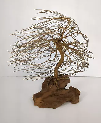 Copper Wire Windswept Tree Wood Base Signed Walkers Wire Sculpture • $49.99