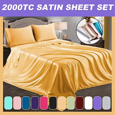 2000TC Silk Satin Flat Fitted Sheet Set Pillowcase Queen/Double/Single/King AU • $28.49