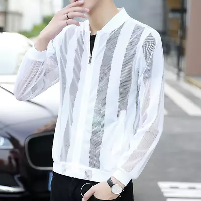 Men Hollow Out Coat Jacket Outwear Summer Sheer Striped Cardigan Top Fashion New • $14.85