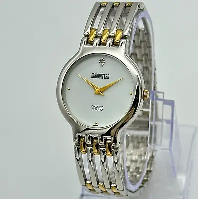 Men's MANHATTAN Genuine Diamond Accent Two-Tone Bracelet Watch White Dial Runs • $25.19