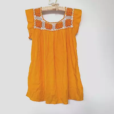 Mexican Style Top Blouse Crochet Grannie Square Neckline Yoke Orange Cotton • $15