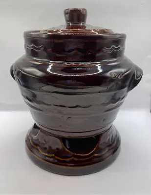 Marcrest Stoneware Bean Pot Crock Lid & Warmer DAISY DOT Ovenproof Brown • $15