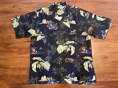 Tommy Bahama Hawaiian Shirt Silk Large | Black Green Kimono Girl Martini In Boat • $16.99