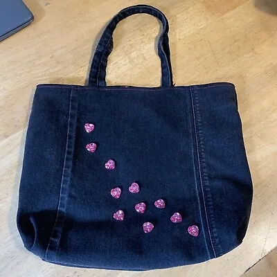 New Hand Made Upcycled Denim Medium Tote Bag Ladybird Lining Pocket Hearts Black • £11.99