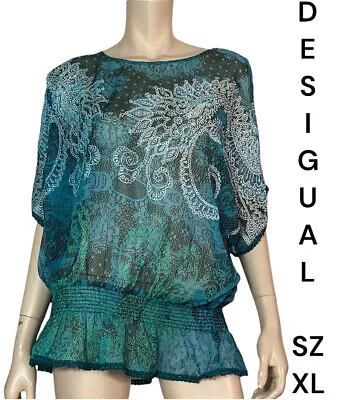 🌻desigual Size Xl Teal Multi Pasiley Printcold Shoulder Peasent Style Top • $32