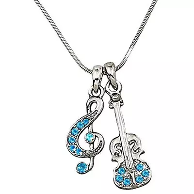 Beautiful Blue Crystal Treble G Clef And Violin Music Note Pendant Necklace • $12.95
