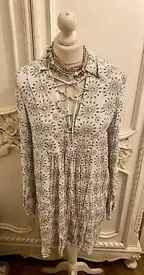 £4.99 • Buy Zara Grey Paisley Boho Lace Up Detail 1970s Style Mini Dress L