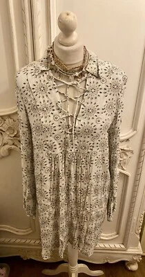 £4.99 • Buy Zara Grey Paisley Boho Lace Up Detail 1970s Style Mini Dress L