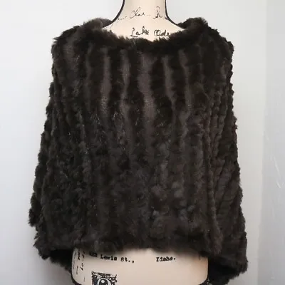 Women's One Size Dark Brown Knit Rabbit Fur Stripe Poncho Evening Party Cover Up • $24.99