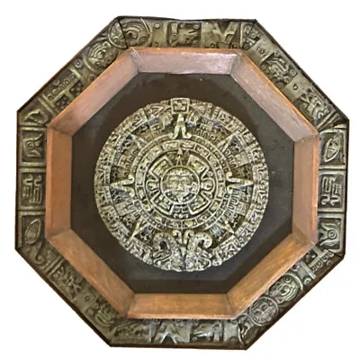 VTG MAGIC Piece Mayan Aztec Calendar Green Stone Surrounded By Wood 10.7” • $44.50