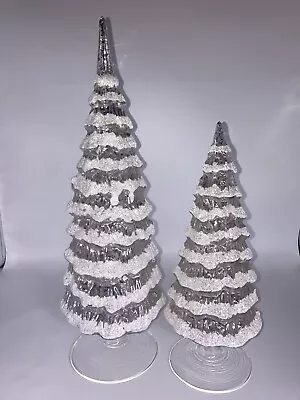 Mercury Glass Christmas Trees Tabletop With Snow Glitter 16” 11” Set 2 No Damage • $60