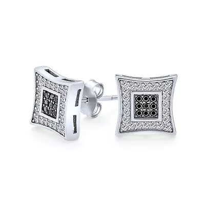 Black White Square Micro Pave CZ Kite Stud Earrings Sterling Silver • $22.99
