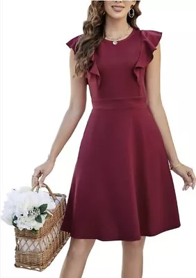 ANRILITA 2023 Large Vintage Semi-Formal Ruffle Sleeve Fit And Flare Dress Red L • $15.50