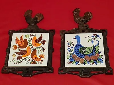 2 Vintage MCM Ceramic Tile Cast Iron Rooster Bird Footed Trivets • $14.99