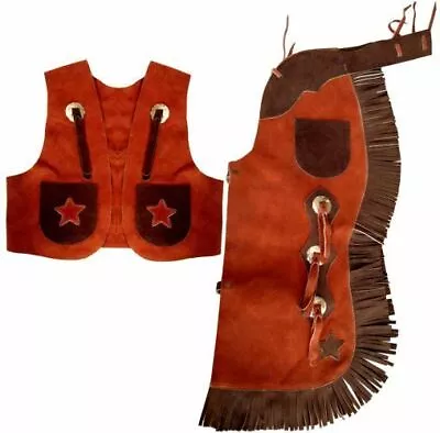 Showman Two Tone Brown Kid's Suede Leather Chaps & Vest Outfit W/Fringe • $43.99